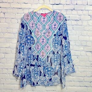 Lilly Pulitzer Women’s Blue Silk Renato Tunic Snap To It Turtle (Size M)